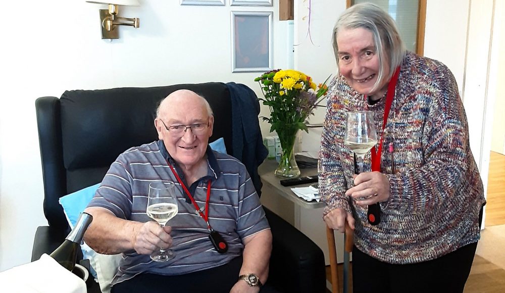 Residents Arthur (Ron) and Francine Twitchett celebrate their long-awaited reunion at RMBI Home Lord Harris Court, in Berkshire