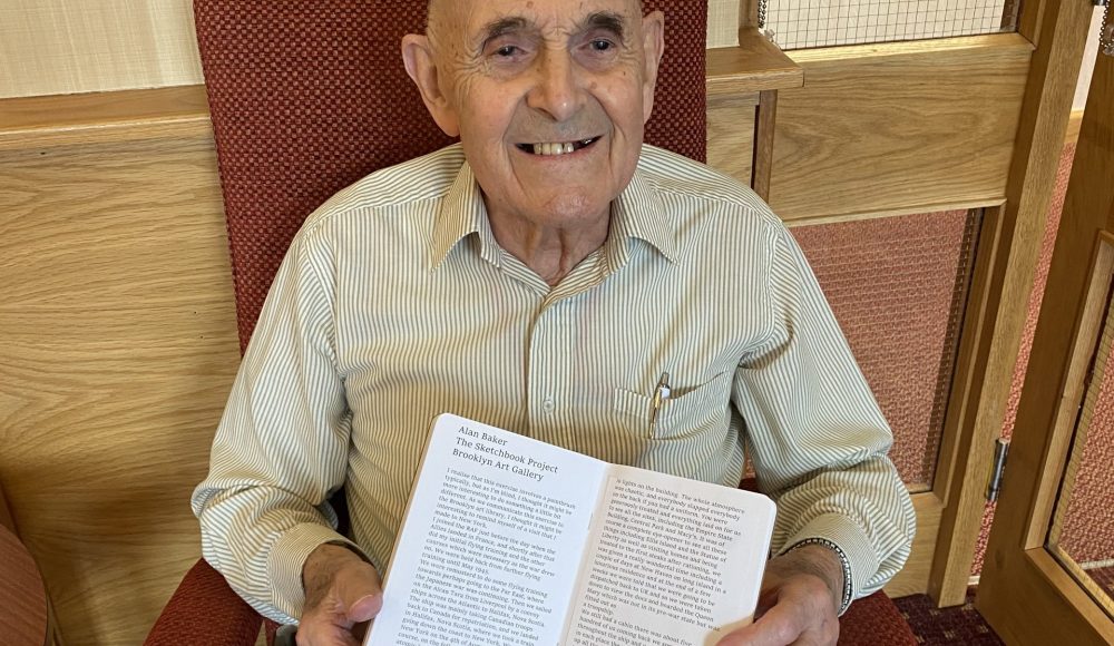 Resident Alan Baker aged 95, with his Storytelling and drawings about his visit to New York during the Second World War, when he was serving in the RAF