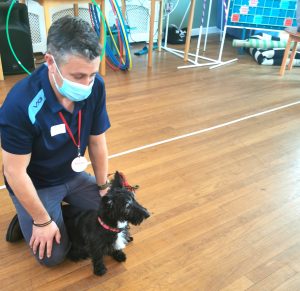 Facilities Manager Simon Roberts gives his pooch a pep talk in an attempt to win the competition. 